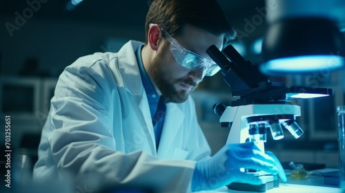 A handsome male doctor scientist wearing a white coat and glasses looks under a microscope, analyzes samples in a modern medical laboratory. Healthcare, microbiology, biotechnology, biology concepts.