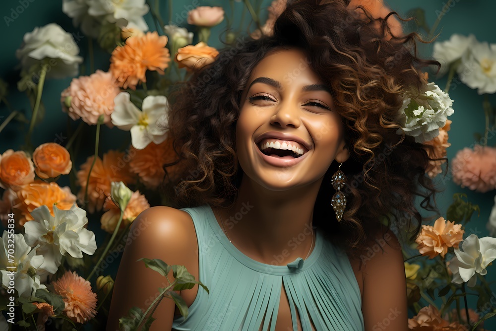 A picturesque composition featuring a joyful young model showcasing ethnic beauty and luxury skincare on a soft mint-colored background. A picturesque composition featuring a joyful young model showcasing ethnic beauty and luxury skincare on a soft mint-colored background.