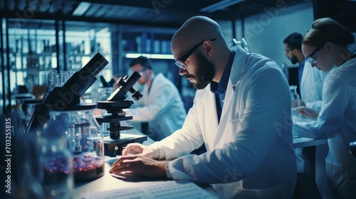 A team of scientists wearing a white coat and glasses looks under a microscope, analyzes samples in a modern medical laboratory. Healthcare, microbiology, biotechnology, biology concepts.