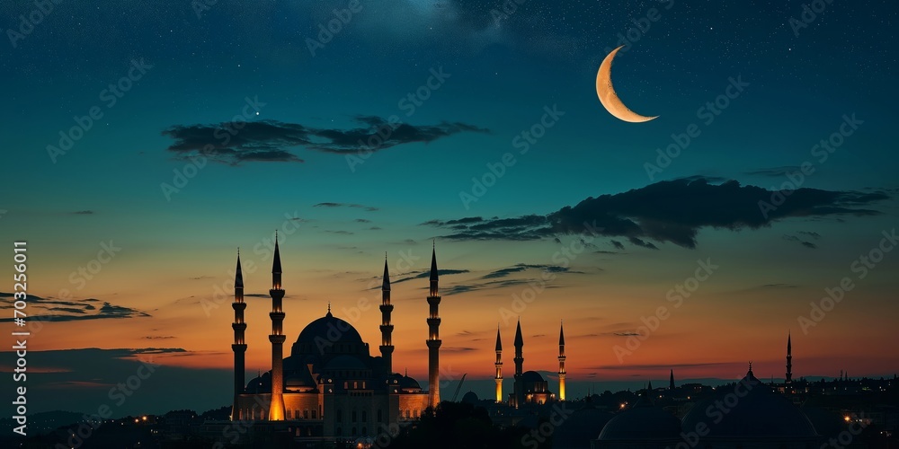 Naklejka premium Muslim mosque silhouette and the moon in the night sky. Ramadan festive, islam religion