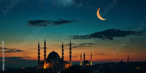 Muslim mosque silhouette and the moon in the night sky. Ramadan festive, islam religion photo