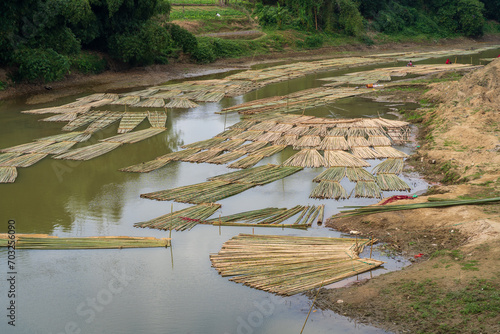 Landscape view of rafts of bamboo transported on river, Rangamati, Bangladesh photo