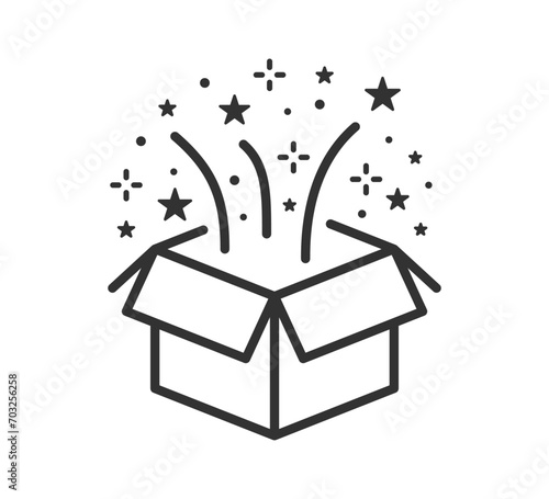 Christmas open gift box icon. Mystery magic boxes sign. Birthday surprise package.