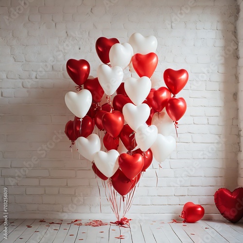 Globos blancos y rojos en habitación blanca