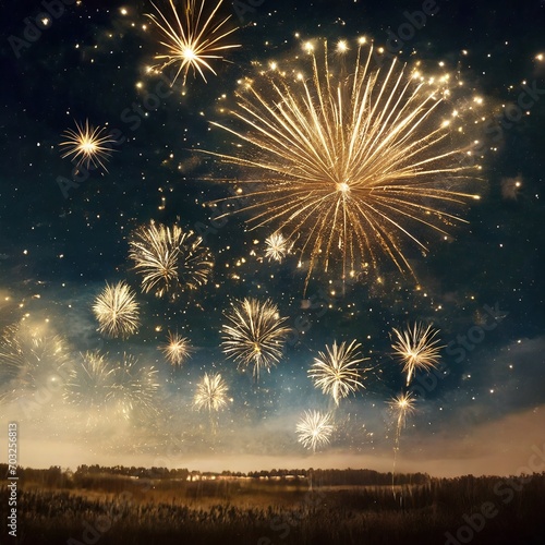 Cielo estrellado con fuegos artificiales dorados 