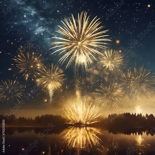 Cielo estrellado con fuegos artificiales dorados 