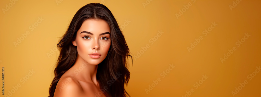 Young brunette model on yellow background. Space for text. Young brunette model on yellow background. Space for text.
