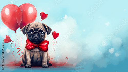 A romantic Valentine's Day backdrop - a cute pug puppy with red tie bow and with baloons in watercolor style at the blue background,copy space photo