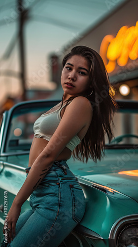 Latina Elegance: Young Woman Leaning Over a Low Rider Car. Low Cut Jeans. Automotive Show.