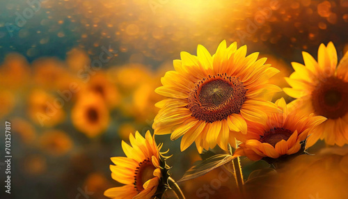 Kwiaty Słoneczników, poranek, złota godzina. Tapeta, dekoracja. Generative AI © mycatherina