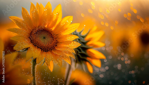 Kwiaty Słoneczników, poranek, złota godzina. Tapeta, dekoracja. Generative AI