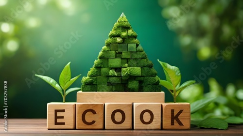 Ecology concept, green tree in the shape of a house and word eco