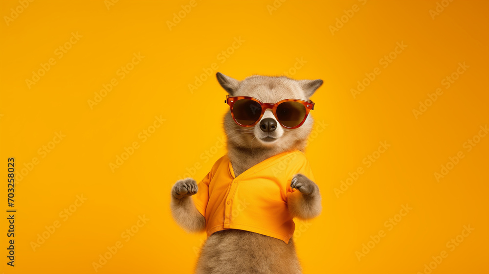 Happy dog pet with sunglasses and colorful fashion shirt outfit dancing on yellow background with copy space. Fun night party animal creative concept. Generative AI. Happy dog pet with sunglasses and colorful fashion shirt outfit dancing on yellow background with copy space. Fun night party animal creative concept. Generative AI.
