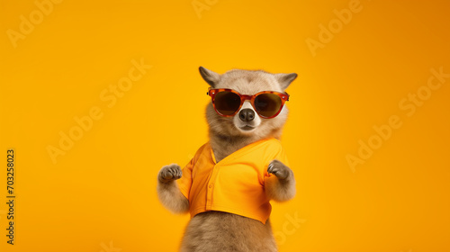 Happy dog pet with sunglasses and colorful fashion shirt outfit dancing on yellow background with copy space. Fun night party animal creative concept. Generative AI. © DezNook