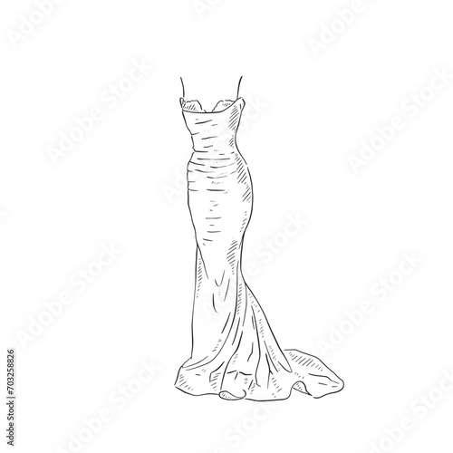 A line drawn illustration of a slim fitting spaghetti strap dress, which could be used for bridal boutiques, wedding blogs and so much more. Vectorised for a wide range of uses.