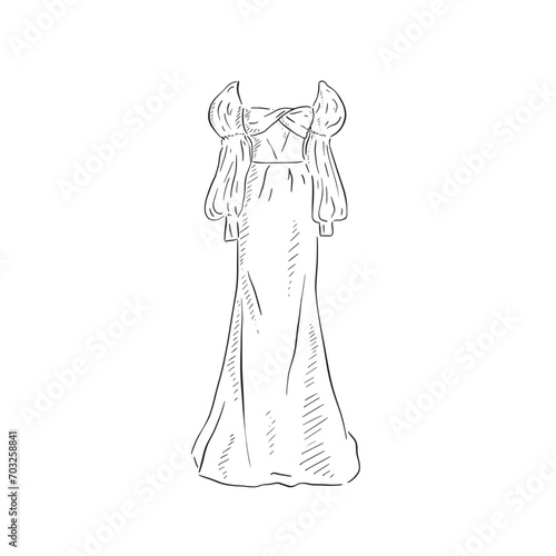 A line drawn illustration of a puffball sleeve classic wedding dress, which could be used for bridal boutiques, wedding blogs and so much more. Vectorised for a wide range of uses.