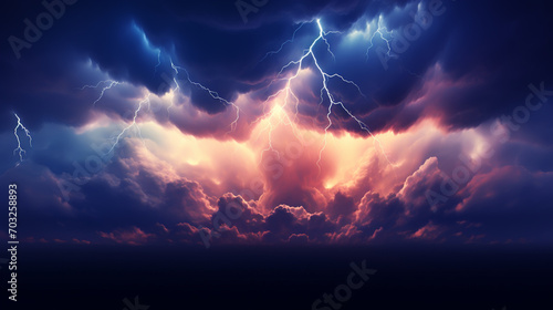 Lightning strike on the dark cloudy sky photo