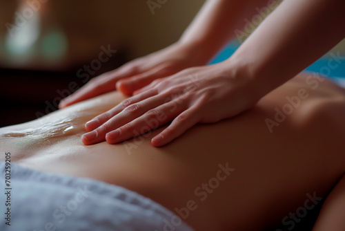 Close up of hands giving a soothing back massage at a tranquil spa. Shallow field of view. 