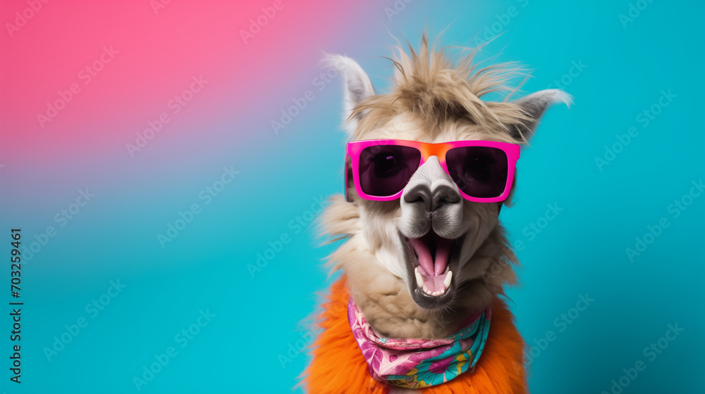 Happy Llama with colorful sunglasses. Vibrant bright fashionable outfit. Isolated on solid background advertisement, copy text space. Birthday party invite. Generative AI.