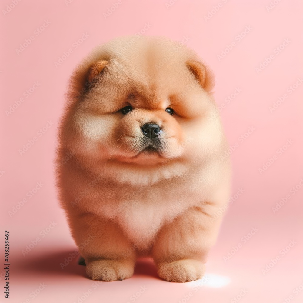 Сute fluffy red chow chow puppy toy on a pastel pink background. Minimal adorable animals concept. Wide screen wallpaper. Web banner with copy space for design. Сute fluffy red chow chow puppy toy on a pastel pink background. Minimal adorable animals concept. Wide screen wallpaper. Web banner with copy space for design.