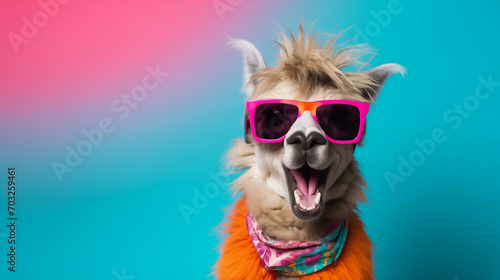 Happy Llama with colorful sunglasses. Vibrant bright fashionable outfit. Isolated on solid background advertisement  copy text space. Birthday party invite. Generative AI.