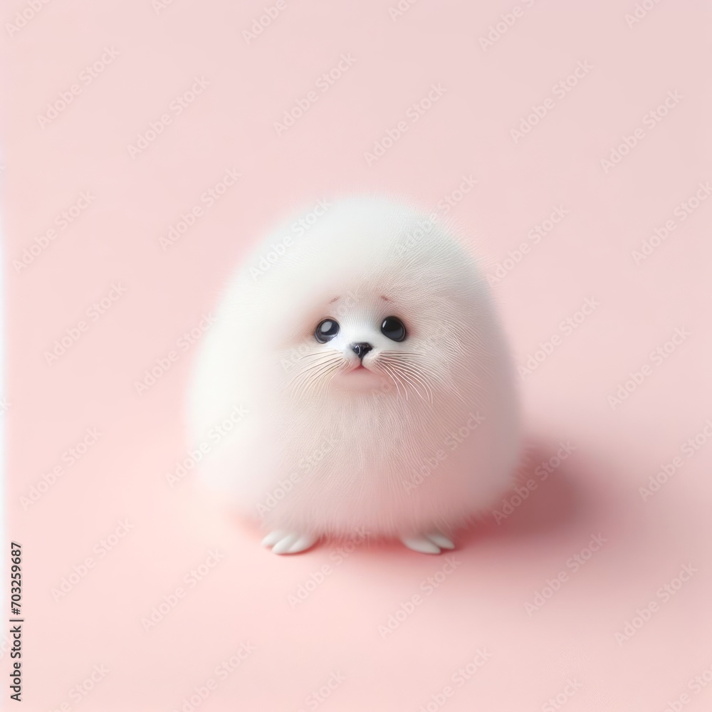 Сute fluffy spherical baby white-coat seal toy on a pastel pink background. Minimal adorable animals concept. Wide screen wallpaper. Web banner with copy space for design. - obrazy, fototapety, plakaty 