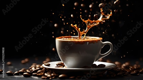 Cup of coffee with splash and flower on wooden table, closeup © AGORA