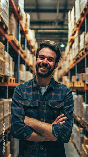 Happy Professional Worker Looking at the Camera and Smiling Against the Background of a Warehouse with Shelves Full of Delivery Goods. Embracing the World of Logistics, Delivery, and Distribution