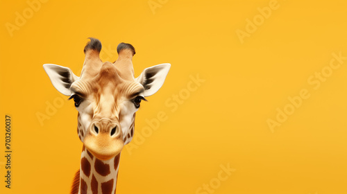 A happy giraffe smiling on plain yellow studio background. Copy space for text. Fun Party Card Invite concept. Generative AI image. 