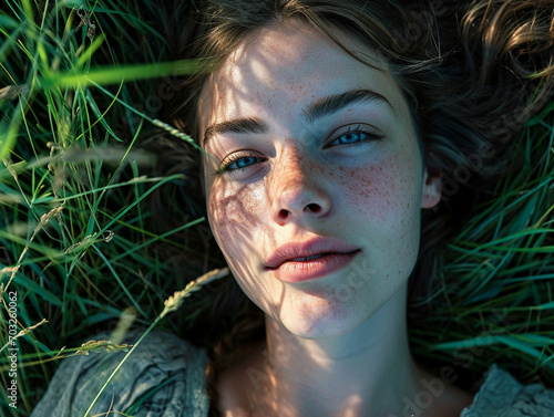 beautiful woman with blue eyes and freckles lying on the grass close-up photography, Generative AI