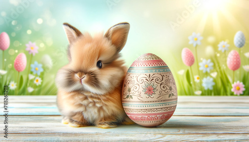 Bunny Easter on green background. Beautiful little lovely pets. Easter holiday concept.	 photo