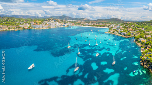 Captivating aerial shot of Cala de Santa Ponça azure waters, with its expansive sandy beach and lush surroundings, a tranquil family-friendly haven.