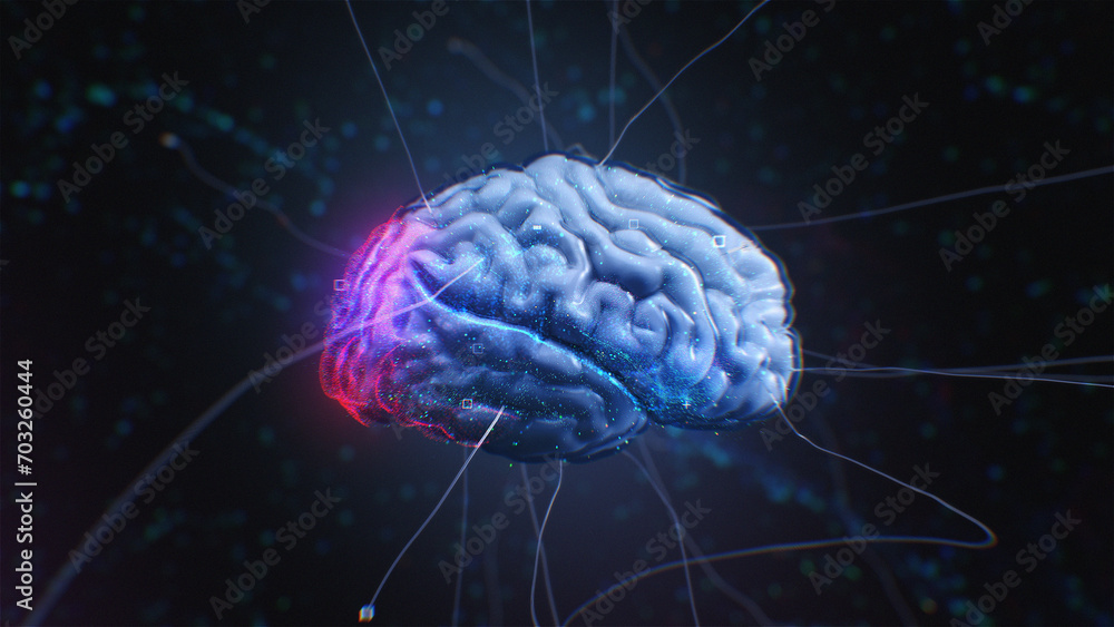 3D animated brain with luminous neural pathways against a dark background, illustrating complex neural activity and cognitive processes. Artificial intelligence 3D animated brain with luminous neural pathways against a dark background, illustrating complex neural activity and cognitive processes. Artificial intelligence