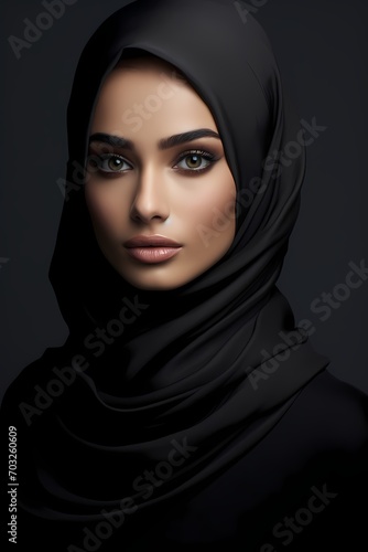 A striking photograph of a Muslim woman, her beauty enhanced by understated makeup, captured in high definition against a studio backdrop.