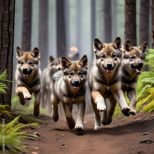 A group of wolf pups running through a forest. Wild animals escape forest fire.