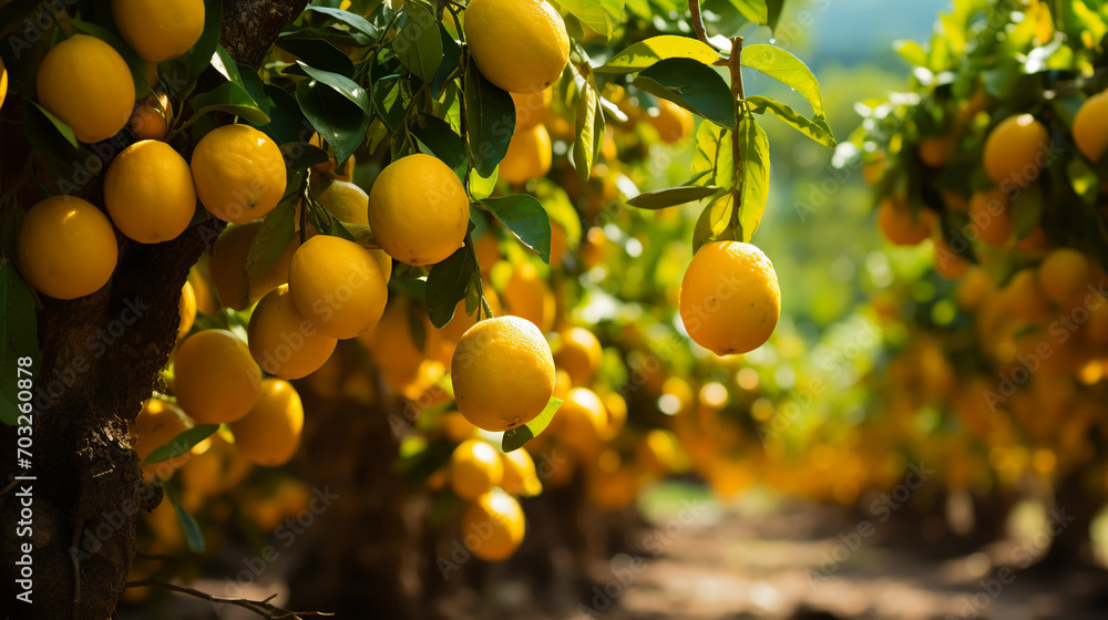Lemon orchard. Juicy fruits of a lemon on green branches with leaves in lemon garden Lemon orchard. Juicy fruits of a lemon on green branches with leaves in lemon garden
