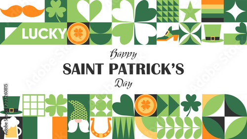 Happy St. Patrick's Day geometric abstract background with a leprechaun hat, clover, gold coins, beer and simple forms. Trendy horizontal vector illustration for banner, poster, cover, social media.