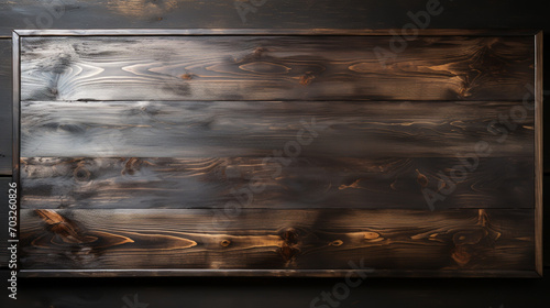 Texture of dark old wood. Charred and burnt old Board with knots. Wide burned board texture close-up  panoramic banner.