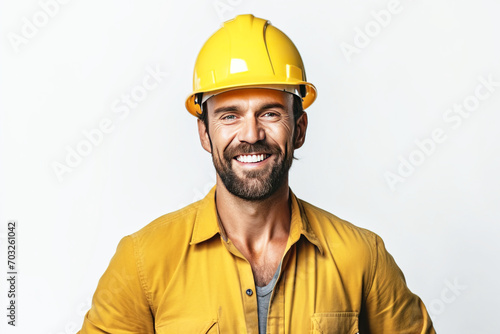 Smiling male professional constructor with a tool in a service uniform, white background isolate.