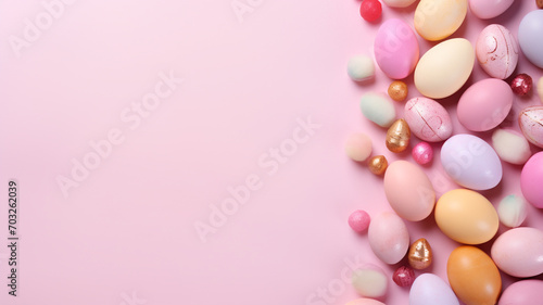 Easter banner with beautifully painted eggs pink background  easter concept