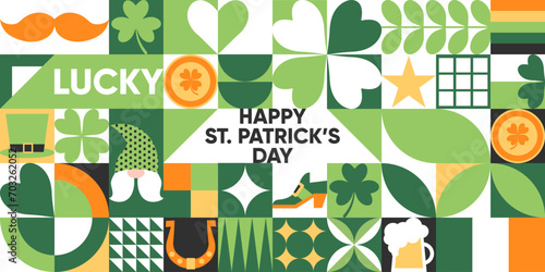 Happy St. Patrick's Day geometric seamless pattern in green, orange colors. Mosaic vector background with a leprechaun hat, clover leaves, gold coins, beer and simple forms.Neo geo art. Swiss style.