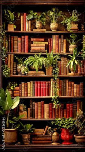Vintage books and potted house flowers on the shelves of the rack. Vertical Photo