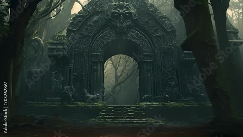An ancient gateway stands marred by strange symbols foreboding a sense of dread to all who pass through. photo