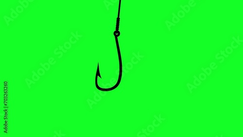 Fishing hook animation with green screen background. Fish catching animation. The lowered fishing hook is black.