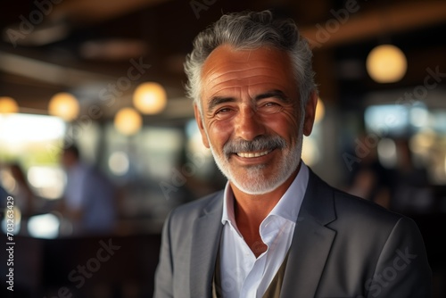 Portrait of a mature smiling businessman working in a modern office looking at the camera. A middle-aged man, smiling handsome businessman-entrepreneur