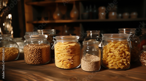 food, healthy eating and diet concept - jars with oat, corn flakes and granola