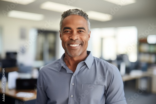 Portrait of a mature smiling businessman working in a modern office looking at the camera. A middle-aged man, smiling handsome businessman-entrepreneur