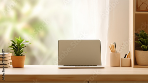 Laptop with blank screen on table. © alexkich