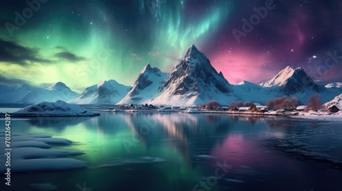 Northern lights in the sky in the winter mountain landscape © Lubos Chlubny