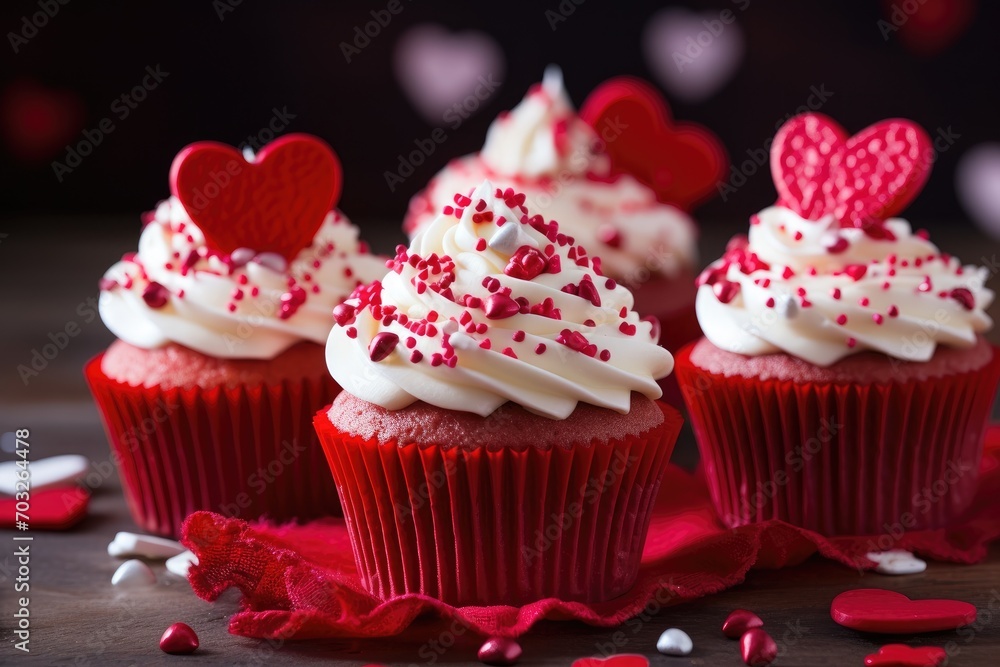 A group of cupcakes with red frosting and hearts